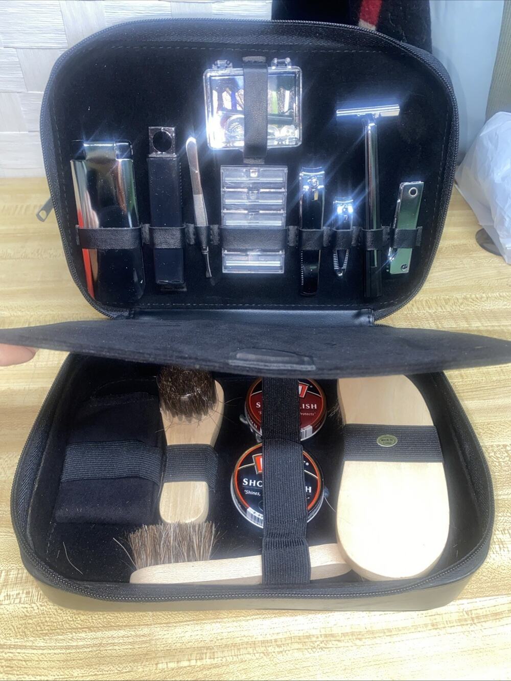 New Vintage Salesman Travel Grooming Kit Shoe Shine Brush Set with Razor Sewing